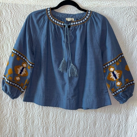 Rebellion Again Embroidered  Chambray Puff Sleeve Blouse - Picture 1 of 8